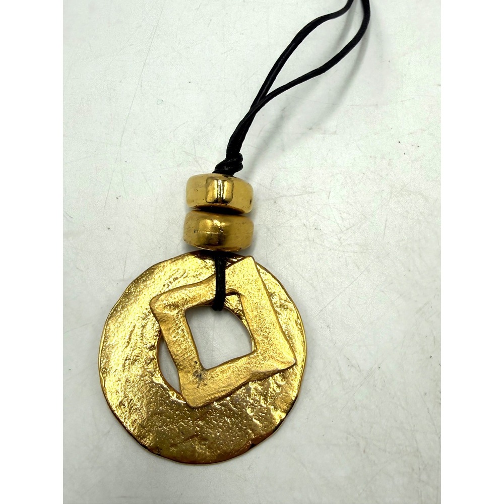 Gold Tone Hammered Geometric Pendant Necklace Black Cord Brutalist Statement